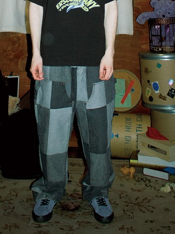 Jacquard Patchwork Double Knee Pants_Black