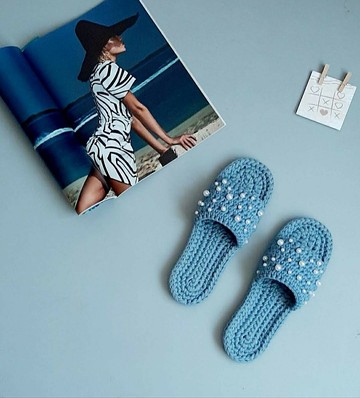 天藍色拖鞋 女式串珠拖鞋 生態鞋履 家用滑梯