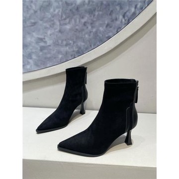 絨面尖頭短靴女2025新款冬加絨襪靴細跟氣質高跟時裝靴洋氣瘦瘦靴