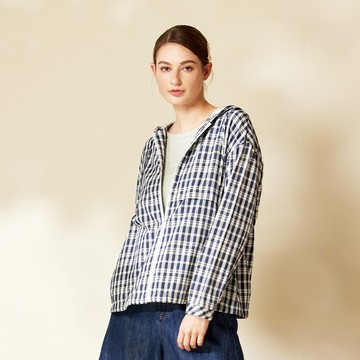 UV雙層格子剪接連帽口袋外套