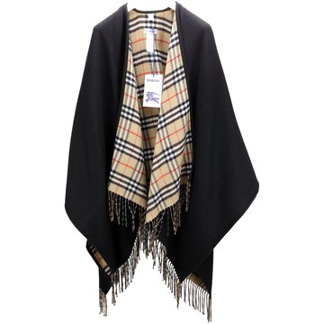 BURBERRY 巴寶莉 雙面可穿格紋純羊毛流蘇披肩 斗篷(黑色)