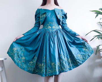 復古 1980 年代綠色綠松石舞會禮服露肩 80 年代刺繡雞尾酒禮服裙