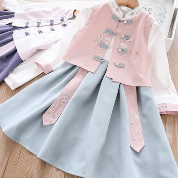 春秋季新款女童盤扣立領刺繡飄帶中國民族風漢服裙兩件套裝