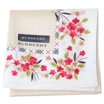 BURBERRY 巴寶莉  春日物語斜格紋花朵圖騰帕領巾(淺駝色系/51CM)