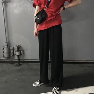 夏裝女裝百搭坑條松緊腰闊腿褲寬松顯腿長高腰休閑褲學生長褲1入