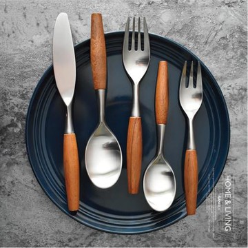 日式木柄牛排刀叉 家用304不銹鋼精致勺子叉子套裝木復古西餐餐具