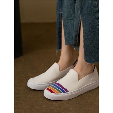 王妃鞋單鞋女2024春季平底飛織編織鞋女歐美一腳蹬針織帆布樂福鞋