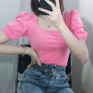 泡泡袖短袖T恤女韓版修身性感u領純色高腰短款chic歐貨純棉上衣夏