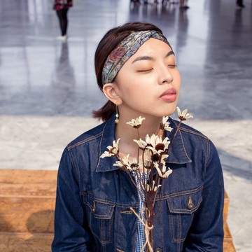 落葉歸根 / 葉子 綠 藍 / 寬版 鬆緊手工髮帶