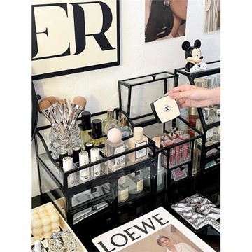玻璃化妝品收納盒桌面防塵透明收納柜梳妝臺護膚品口紅刷子置物架