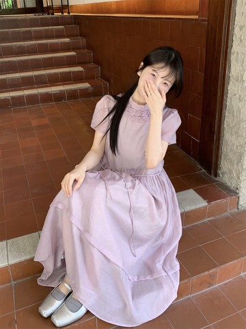 vintage古著原創設計洋服連衣裙 木耳邊中領泡泡袖 紫色長裙復古