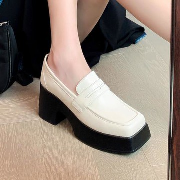 新款單鞋女真皮厚底高跟粗跟一腳蹬樂福鞋防水臺增高工作鞋