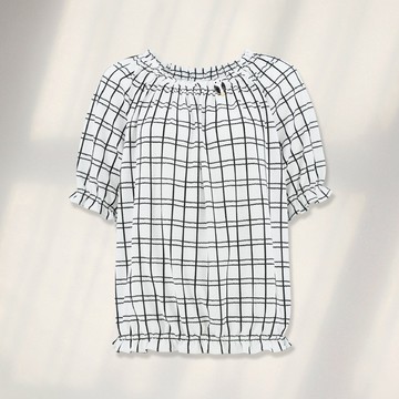 ILEY伊蕾 格紋貓頭鷹別針鬆緊寬領雪紡上衣(白色；M-XL)1222031033