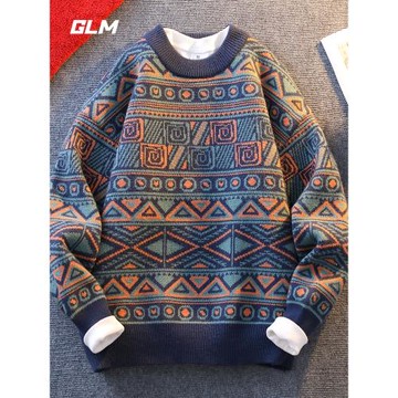 GLM秋冬新款慵懶風圓領保暖加厚寬松百搭潮流套頭毛衣 男外套