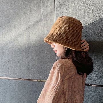 純色漁夫帽女冬季韓版百搭手工針織帽小清新甜美保暖盆帽毛線帽子1入