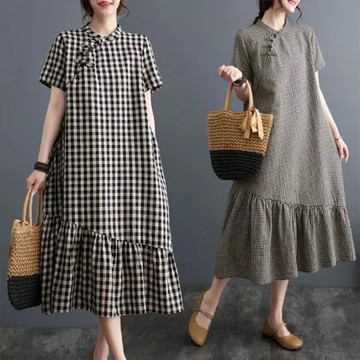 【韓國KW】現貨新古典格紋亞麻盤扣下擺不規則洋裝