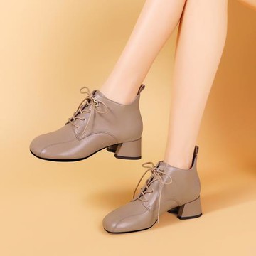 秋冬短靴女2025新款粗跟女鞋圓頭系帶靴子女真皮馬丁靴女加絨棉鞋