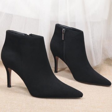 冬新款細跟尖頭時尚百搭黑色絨面顯瘦及踝靴側拉鏈加絨短靴7286/2