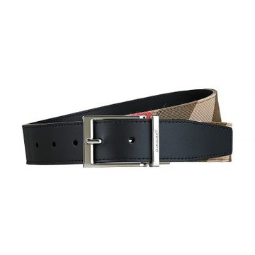 BURBERRY 帆布金屬壓印LOGO格紋設計雙面兩用皮帶(窄版/棕褐x黑/男款)