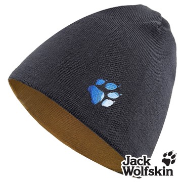 【Jack wolfskin 飛狼】小狼爪LOGO條紋針織保暖帽 雙面戴毛帽『棕配深藍』
