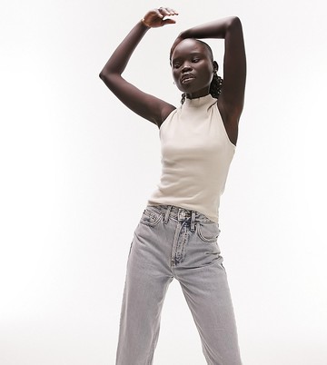 Topshop petite premium basic high neck funnel top in ecru-Neutral
