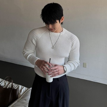 正韓肌肉款坑條羅紋插肩圓領長袖上衣 4色 YUPPIE 預購商品 0302