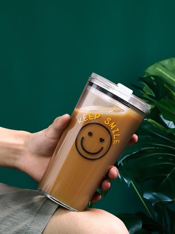 網紅吸管杯水杯玻璃杯子家用女帶吸管飲料奶茶杯便攜咖啡杯大容量