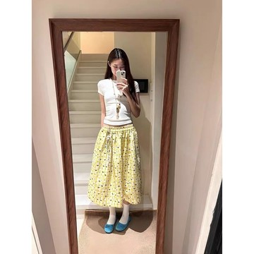 【砂糖夢境】黃色碎花半身裙女夏季2026新款高腰顯瘦a字蓬蓬蛋糕裙小個子傘裙
