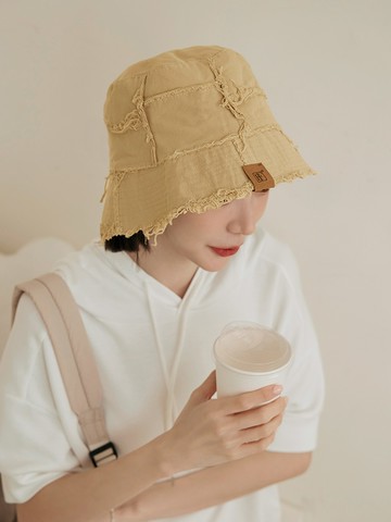 純棉拼接抽鬚麂皮織標漁夫帽