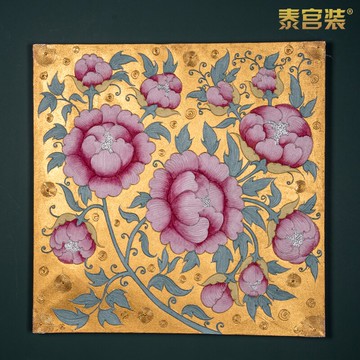 泰式中式金箔畫手繪牡丹芍藥荷花荷葉裝飾畫東南亞玄關臥室掛畫