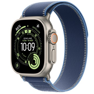 Apple Watch Ultra 3 (GPS + 行動網路)；49 公釐原色鈦金屬錶殼；藍色配亮藍色越野錶環 - S/M