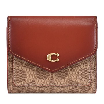 【福利品】COACH C2329 經典C LOGO花紋款三折零錢短夾.駝/紅棕