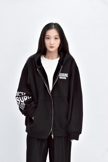 (2XL)  印花連帽黑色外套