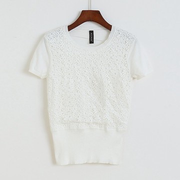 圓領針織鏤空套頭T恤衫 春季新款短袖鉤花寬松打底衫 女上衣D/6-1
