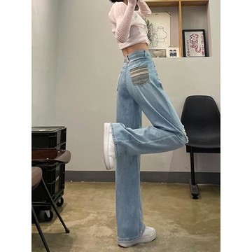 夏季天絲牛仔褲女夏薄款破洞直筒褲萊賽爾淺藍色冰絲窄版闊腿褲子