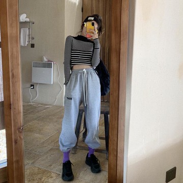 褲子女百搭松緊腰繡花束腳褲運動加絨加厚休閑褲1入