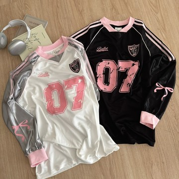 【FJstore】美式街頭 拼接設計 撞色 數字07 長袖 球衣 寬鬆 落肩 圓領 長袖上衣 男生長袖 女上衣 情侶