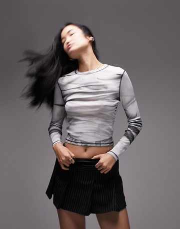 Topshop illusion long sleeve top in grey