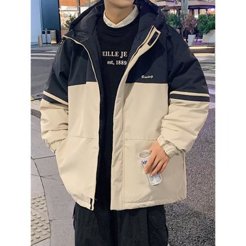 美式拼接撞色棉衣男士冬季加絨加厚連帽防水夾克潮流晉江棉服外套