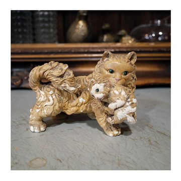 日本老件.昭和古物.石膏製母子貓老件.長11cm.擺飾.約1950-70年代