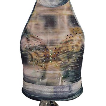 iamgia歐美辣妹鑲鉆印花系帶掛脖背心短款扎染性感修身露背上衣