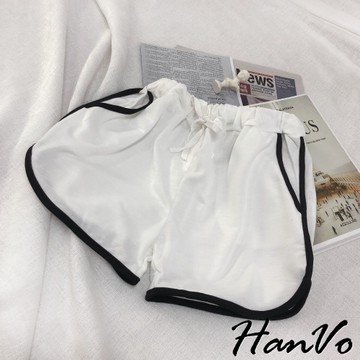 【HanVo】滾邊短褲韓版寬鬆運動褲彈性休閒鬆緊簡約棉短褲批發價薄款熱褲跑步運動韓衣風格A03-2002