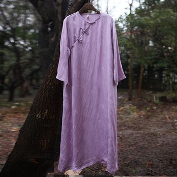 河泥原創設計透孔蘿銅氨絲長款圓領盤扣寬松連衣裙