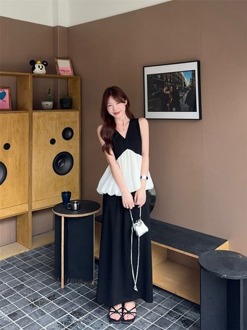 【missy shop】黑白甜序拼接荷葉傘擺上衣長裙套裝-20412