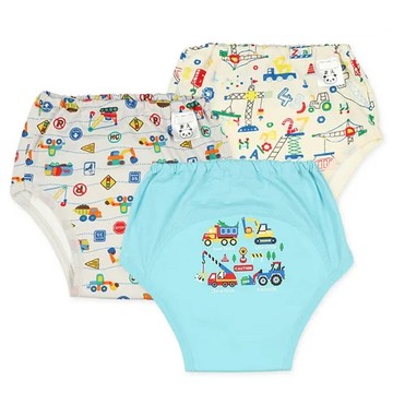 日本西松屋 - 三層密縫式學習褲3件組-滿版工程車-藍白系