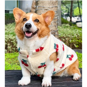 【汪喵森活】 米黃色櫻桃 絨面保暖背心 秋冬服飾 狗衣服 中型犬 雪納瑞 西高地 比熊 柯基 法鬥 柴犬 立領 米克斯