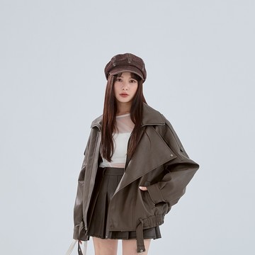 QUEENSHOP_F 女裝 雙領釦帶造型皮革夾克外套 兩色售 現+預 【02060142】