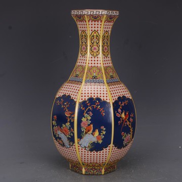 清乾隆琺瑯彩花鳥八方玉壺春瓶仿古工藝品瓷器家居中式古玩擺件1入
