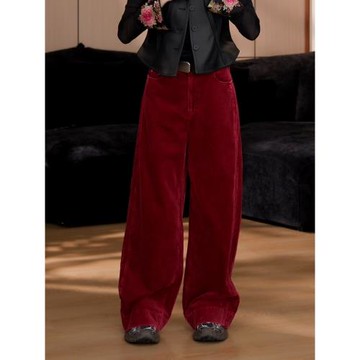 酒紅色燈芯絨褲子女2025冬季新款大碼胖mm高腰直筒寬松顯瘦闊腿褲