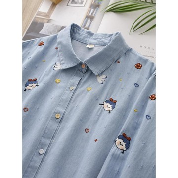 【PING'S🌞】胖mm 特大碼 300斤 秋 新款 牛仔 襯衣 女 翻領 長袖 彩扣 寬鬆 休閒 襯衫